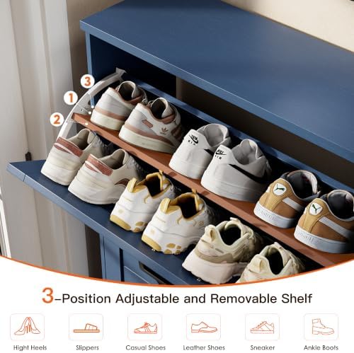Nicetree Shoe Cabinet for Entryway, 3 Flip Drawers Shoe Storage Cabinet with 3-Tier Adjustable Shelves, Ultra Slim Freestanding Hidden Shoe Organizer with Barn Door Design, Navy Blue - Image 5