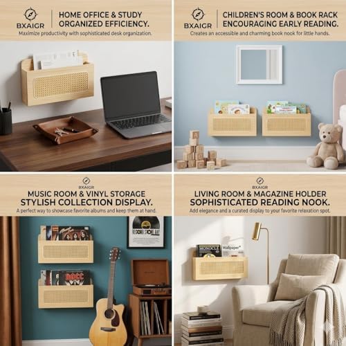 Rustic Wall Mounted Magazine Rack - Solid Wood Mail Holder with Natural Rattan Weave, Boho Floating File Organizer & Vinyl Record Display Shelf, Decorative Letter Holder for Entryway, Office (1 Pack) - Image 5