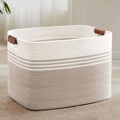 100L Large Woven Laundry Basket Hamper with Leather Handles,Brown​ by SunNewt