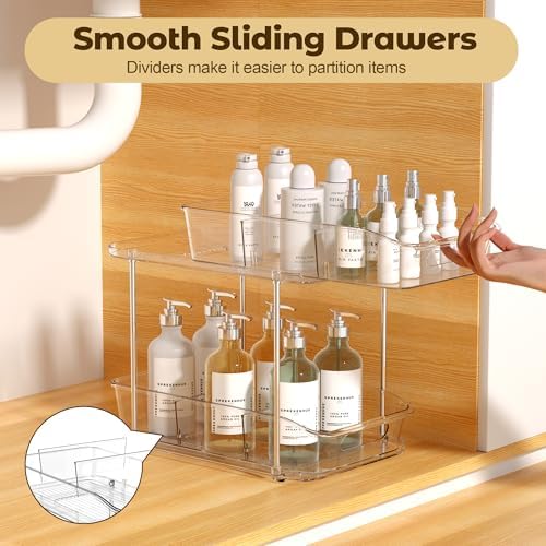 Incostar 2 Tier Pull-Out Organizer for Bathroom Kitchen, Under Sink Storage with Dividers, Ideal for Cabinet, Cupboard Organization, Slide-Out Clear Storage, 2 Pack - Image 4