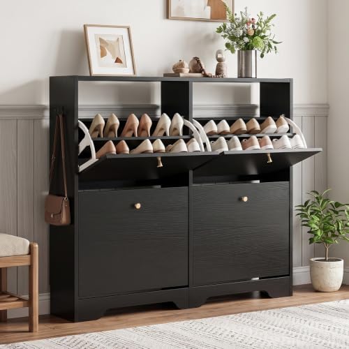 Nicetree Shoe Cabinet, 4 Flip Drawers Slim Black Entryway Storage by Nicetree