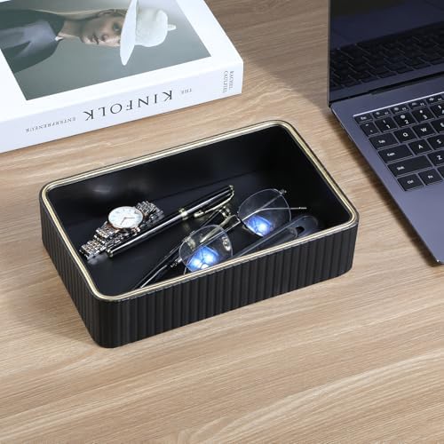 Desk Organizer Tray, PU Leather Nightstand Organizer, Black, Small - Image 3
