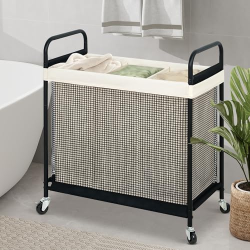 STO STO Laundry Hamper 3 Section, 120L Rolling Laundry Sorter Cart with Removable and Washable Liner Bag, Clothes Hamper with Wheels and Metal Handle for Laundry Room and Bedroom - Image 3