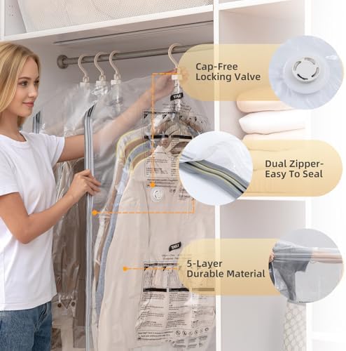 TAILI Hanging Vacuum Sealer Storage Space Saver Bags for Clothes, Suits, Coats or Jackets, 4 Pack Jumbo 53x27.6 Inches, Clear - Image 5