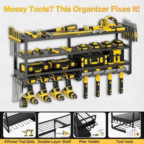 Heavy Duty 4-Tier Wall Mount Tool Rack, 8-Drill Holder & Charging Station, 400lb Load Shelf for Garage Workshop Organization - Image 5