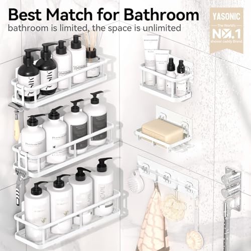YASONIC Shower Caddy Adhesive, Rustproof Shower Organizer with Soap Holder, Large Capacity Shower Shelves for Inside Shower, No Drilling Bathroom Organizers and Storage for Home Decor（6 Pack White） - Image 2