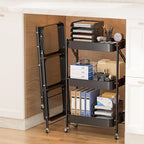 JAQ 3-Tier Foldable Rolling Cart with Wheels, No Assembly Required Metal Storage Cart, 26.8" Low Profile Under Desk Organizer, 10" Wide Narrow Utility Cart for Small Spaces, Black by JAQ-BuyNow