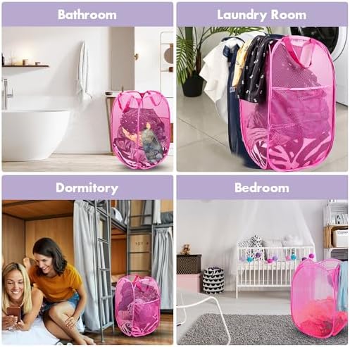 2 Pack Pop Up Laundry Hampers, 70 L Collapsible Foldable Mesh Basket, Pink - Image 6