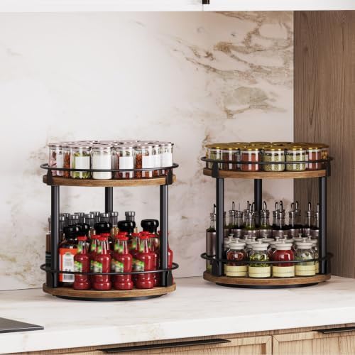 YATINEY Spice Rack, Set of 2 Lazy Susan Organizer, 2-Tier Turntable Organizer, Rotating Spice Rack Organizer For Cabinet, Compact and Versatile, for Kitchen Countertop, Rustic Brown SR22L2BR - Image 2