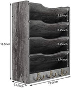 PAG-Mass 5-Tier Wall File Holder Hanging Mail Organizer Wood Magazine Literature Rack with 6 Hooks, Dark Gray - Image 3