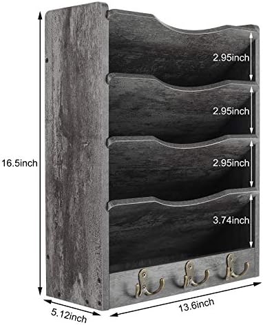 PAG-Mass 5-Tier Wall File Holder Hanging Mail Organizer Wood Magazine Literature Rack with 6 Hooks, Dark Gray - Image 3