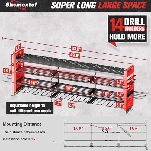 49.8" Power Tool Organizer Wall Mount,Holds 14 Cordless Drills - Image 2
