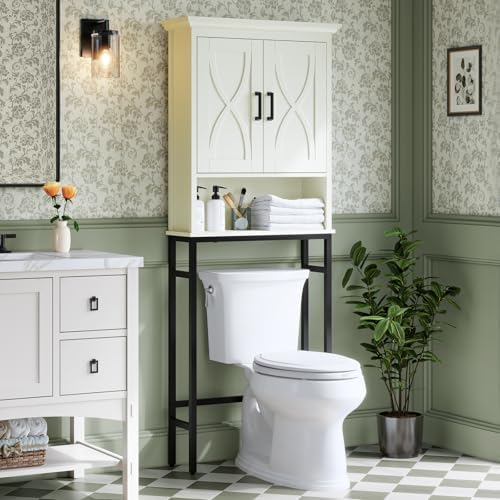 Over The Toilet Storage Cabinet, Over The Toilet Cabinet with Doors, Over Toilet Bathroom Organizer Above Toilet Storage Cabinet with Inner Adjustable Shelf and Anti-Tip Device, Cream White by Baztin