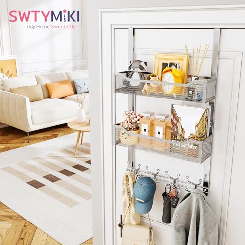 SWTYMIKI Over The Door Hook with 16 Hooks & 2 Mesh Baskets - Heavy Duty Over The Door Organizer Hanger for Towels, Coats, Clothes - Space Saving Hanging Rack for Bathroom, Living Room, Silver - Image 6