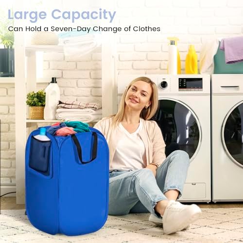 HOUSE AGAIN Upgraded Polyester Pop Up Laundry Hamper, Collapsible Laundry Baskets with Durable Handles Solid Bottom High Steel Frame and Side Pocket, Easy Open & Save space,Perfect for Storage(Blue) - Image 2