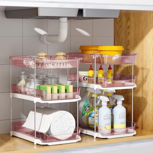 Delamu 2 Pack 3-Tier Bathroom Under Sink Organizers and Storage, Multi-Purpose Stackable Pantry Organization and Storage, Pull Out Clear Kitchen Bathroom Cabinet Organizer with Movable Dividers, Pink - Image 7