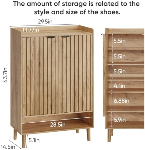 Smuxee Oak Shoe Cabinet with Fluted Doors, 6-Tier Shoe Storage Cabinet with Adjustable Shelves, Freestanding Shoe Organizer Cabinet for Entryway, Hallway, Closet, Living Room - Image 2