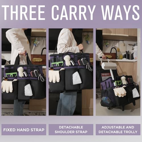 SCAVATA Rolling Cleaning Caddy Bag with Detachable Trolley, Large Cleaning Supplies Organizer with Wheels, Multi Pocket Cleaning Cart with Adjustable Shoulder Strap for Housekeeper & Home, GrapePurple - Image 6
