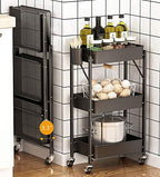 Foldable Rolling Cart 3-Tier Small Foldable Utility Storage Cart Multifunctional Metal Storage Bin Heavy Duty Organizer Carts with Rolling Wheels for Home Office (Black) - Image 5