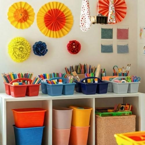 Kathfly 4 Pack Classroom Caddy Organizer with Handle, Plastic Art Craft Cleaning Caddy Bulk, Small Multipurpose Supply Organization Storage Basket for Table Desk Office Pencil Teacher (Deep Color) - Image 4