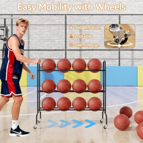 Basketball Rack, Rolling Sport Equipment Holder Ball Storage Cart for Basketball, Football and Soccer, Suitable for Indoor and Outdoor, Black - Image 4