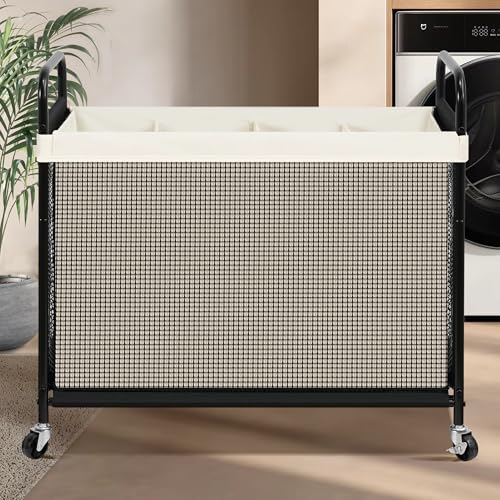 STO STO Laundry Hamper 4 Section, 140L Rolling Laundry Sorter Cart with Removable and Washable Liner Bag, Clothes Hamper with Wheels and Metal Handle for Laundry Room and Bedroom, Beige - Image 2