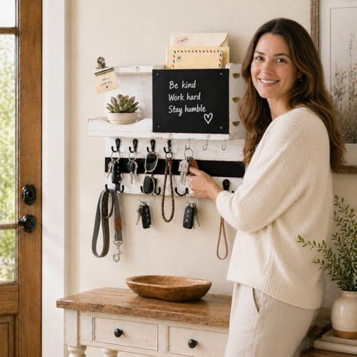 Key Holder Wall Mount with Shelf, Key Hooks for Wall, White Washed - Image 3