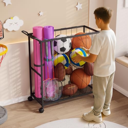 Homsorout Ball Storage Bin Rolling Sports Ball Cart, Black - Image 6