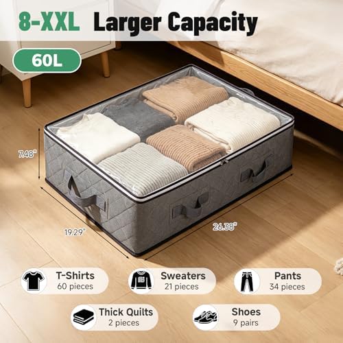 Pterying 8 Pack Under Bed Storage Containers with Transparent Clear Window | Underbed Storage Bins with Reinforced Handles, Dual-Zipper for Clothes, Comforters, Blankets and Bedding, Gray - Image 2
