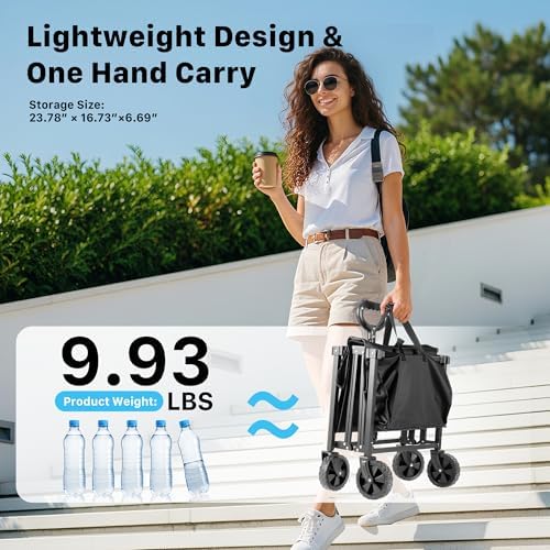 29.3" Collapsible Wagon Cart, 150L Heavy Duty Folding Utility Wagon with Wheels, 260 lbs Load, Portable Rolling Cart for Garden, Shopping, Sports, Camping, Black - Image 4