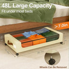GoMaihe Under Bed Storage with Wheels 48L Beige 2-Pack | Underbed Storage Containers with Lids Rolling Bins for Shoes Clothes in Dorm Bedroom - Metal Drawers Easy Pull-out - Image 3