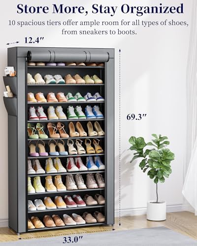 Kitsure 10-Tier Shoe Rack with Cover, Tall Shoe Shelf, 33" Wide, Grey | Large Capacity Shoe Storage with Side Pocket, Shoe Organizer for Closet, Entryway, Bedroom, Zapateras Organizer - Image 2