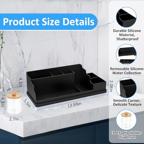 Bathroom Counter Organizer, Black Silicone Toothbrush Holders for Bathrooms Organizer Countertop with 3PCS Qtip Holder, Toothbrush and Toothpaste Holder for Bathroom Organization Storage Vanity - Image 4