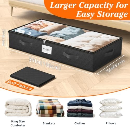 90L Under Bed Storage Containers, Storage Bags, Organizers, 4-Pack, Black | Foldable, Soft Fabric, Closet Organizers, Reinforced Handle, Label Holder, Clear Window, for Comforters, Clothing, Blankets - Image 2