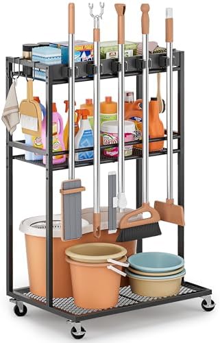 Broom Holder with Cleaning Supplies Organizer, Broom Closet Storage Cabinet with Mop Hanger Gripper Rack Hooks, Cleaning Housekeeping Janitorial Cart with Cleaning Caddy, Laundry Room Organization by Olakee