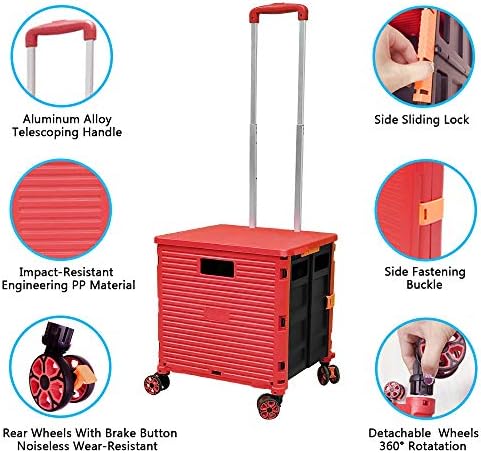 FELICON SELORSS Foldable Utility Cart Folding Portable Rolling Crate-Red - Image 2