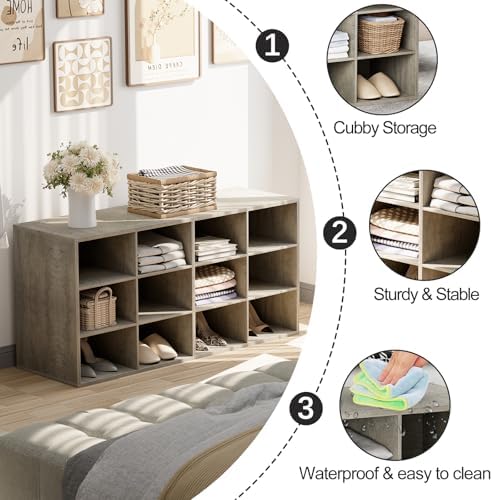 Garden 4 you Shoe Storage Bench, Cubby Shoe Rack with 12 Cubbies, 3-Tier Wood Shoe Rack Organizer, Shoe Organizer Cabinet for Entryway, Hallway, Closet and Garage, Grey - Image 4