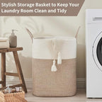 AINUOQI Laundry Basket with Handles - Blanket Basket & Hampers for Bedroom Aesthetic, Laundry Hamper & Blanket Storage for Living Room, Clothes Hamper, Tall, Large 17" x 14" x 26”, White & Rice Brown - Image 5