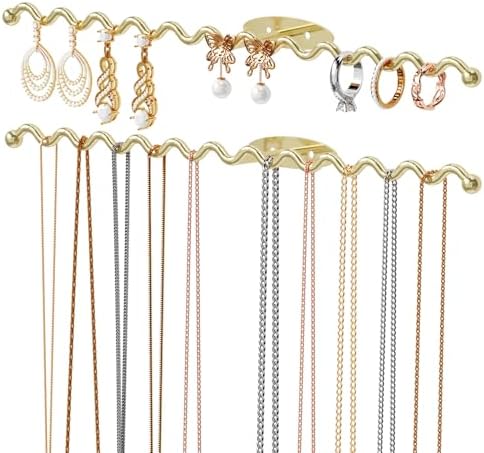 NiHome Wall Mounted Metal Jewelry Organizer Racks for Necklaces, Earrings, Bracelets, Rings, Decorative Display Wave Design Storage Holders for Bedroom, Bathroom, Kitchen, Entryway (2-Pack, Gold) by NiHome