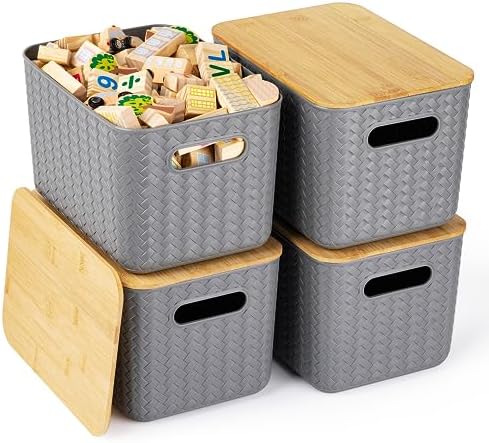 Ohmlove 4 Pack Storage Bins with Bamboo Lids,Stackable Box for Organization by OHMLOVE