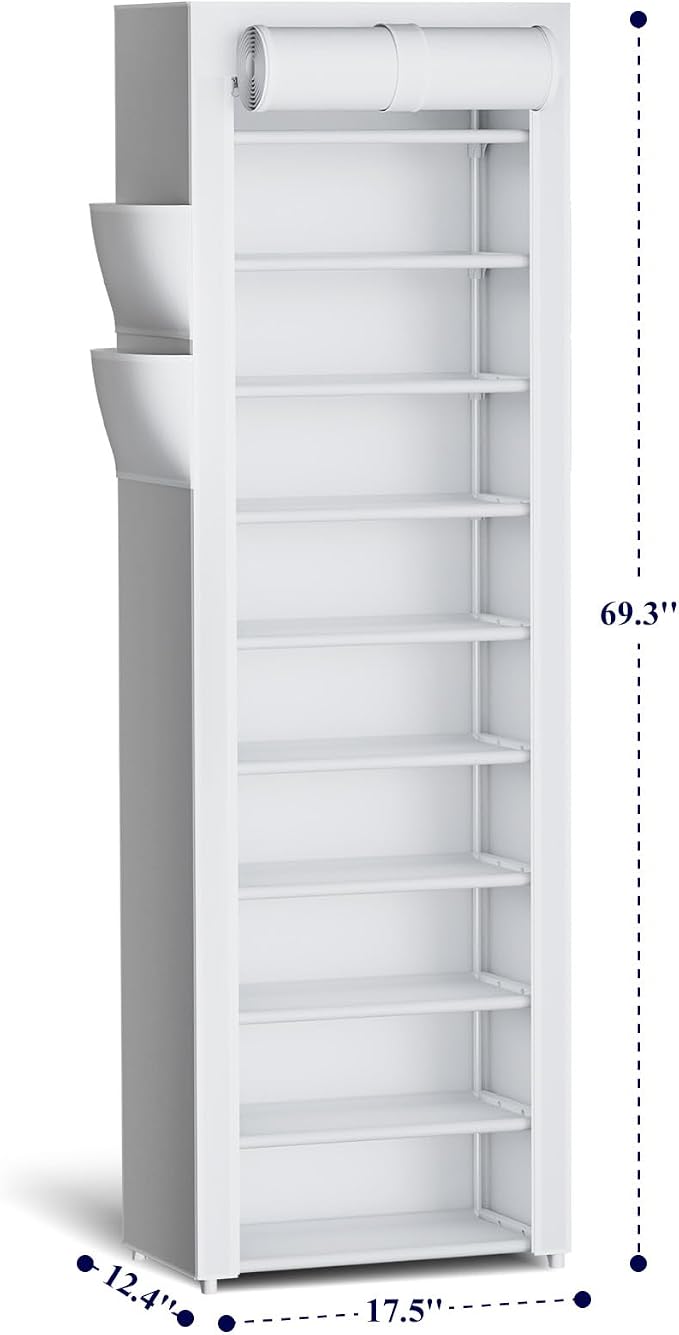 Kitsure 10-Tier Shoe Rack with Cover, Vertical Shelf, 17.5" Wide, White | Space Saving Shoe Storage with Side Pocket, Shoe Organizer for Closet, Entryway, Bedroom, Zapateras Organizer - Image 2