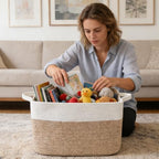 65L Laundry Basket with Handles, Woven Blanket Basket, White/Brown - Image 4