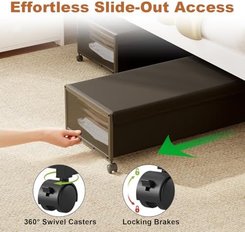 Fokyfok 2Pack Under Bed Storage Containers, 10 inch Height,31 inch Long | Under Bed Shoe Storage,Underbed Storage with Wheels,Large Rolling under bed Clothes Storage Drawers,Lid,Dorm Tall,Black - Image 4