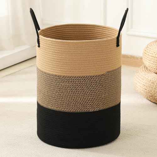 Laundry Basket Hamper Tall Rope Storage Woven for Blanket toys Dirty Clothes in Living Room Bathroom Bedroom (Jute Brown & Black, 80L/21.3Gal) by AMTOTAM