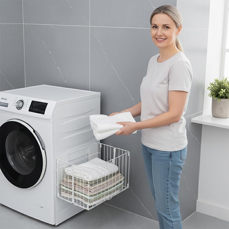 Magnetic Collapsible Laundry Basket, Foldable Metal Laundry Hamper for Washing Machine Side, Space Saving Pop Up Hamper, Laundry Room Organization and Storage (White) - Image 5