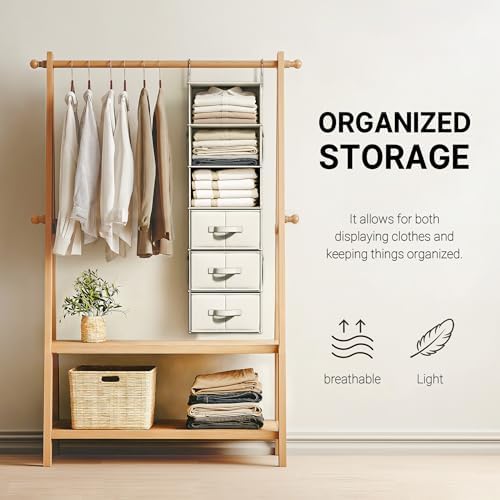 Vailando 6-Shelf Hanging Closet Organizer with 3 Fabric Drawers, Beige | Removable Fabric Drawers, Side Pockets, Reinforced Structure, Space-Saving Storage for Clothes, Nursery and Dorm Rooms - Image 5