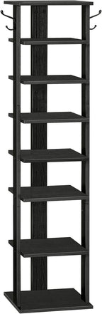 HOOBRO 8 Tiers Vertical Shoe Rack, Wooden Shoe Storage Organizer with Hooks, Narrow Shoe Tower for 8 Pairs, Space Saving, for Entryway, Living Room, Bedroom, Black BK07XJ01 by HOOBRO
