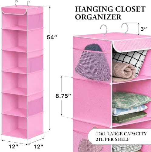 Simple Houseware 6 Shelf Hanging Closet Organizer, Pink | 360° Rotating Dual Hooks, Top Support Metal Frame, 6 Side Mesh Pockets - Image 2