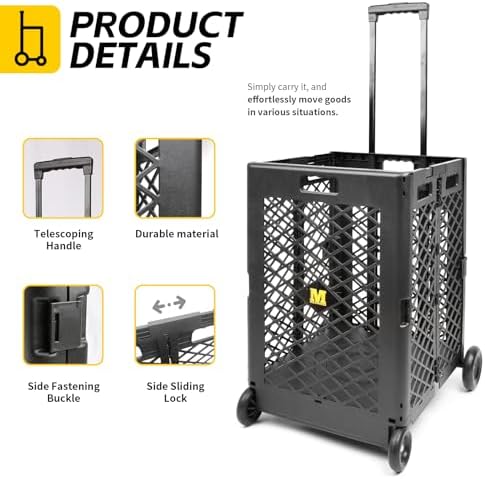 MaxWorks Foldable Rolling Utility Cart, Collapsible Hand Dolly with Telescoping Handle, 70 lbs Capacity, Lightweight Plastic Storage Crate, 16.5" x 15" x 39", No Assembly Needed - Image 5
