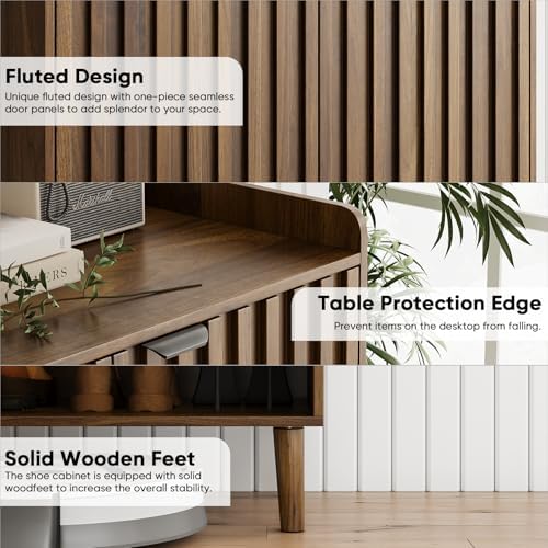 Smuxee Walnut Shoe Cabinet with Fluted Doors, 6-Tier Shoe Storage Cabinet with Adjustable Shelves, Freestanding Shoe Organizer Cabinet for Entryway, Hallway, Closet, Living Room - Image 5